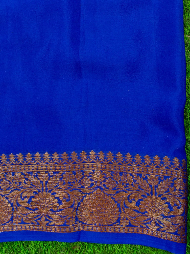 Banarasi Pure Georgette Saree With Antique Zari Buti Weaving & Contrast Border-Pink & Blue