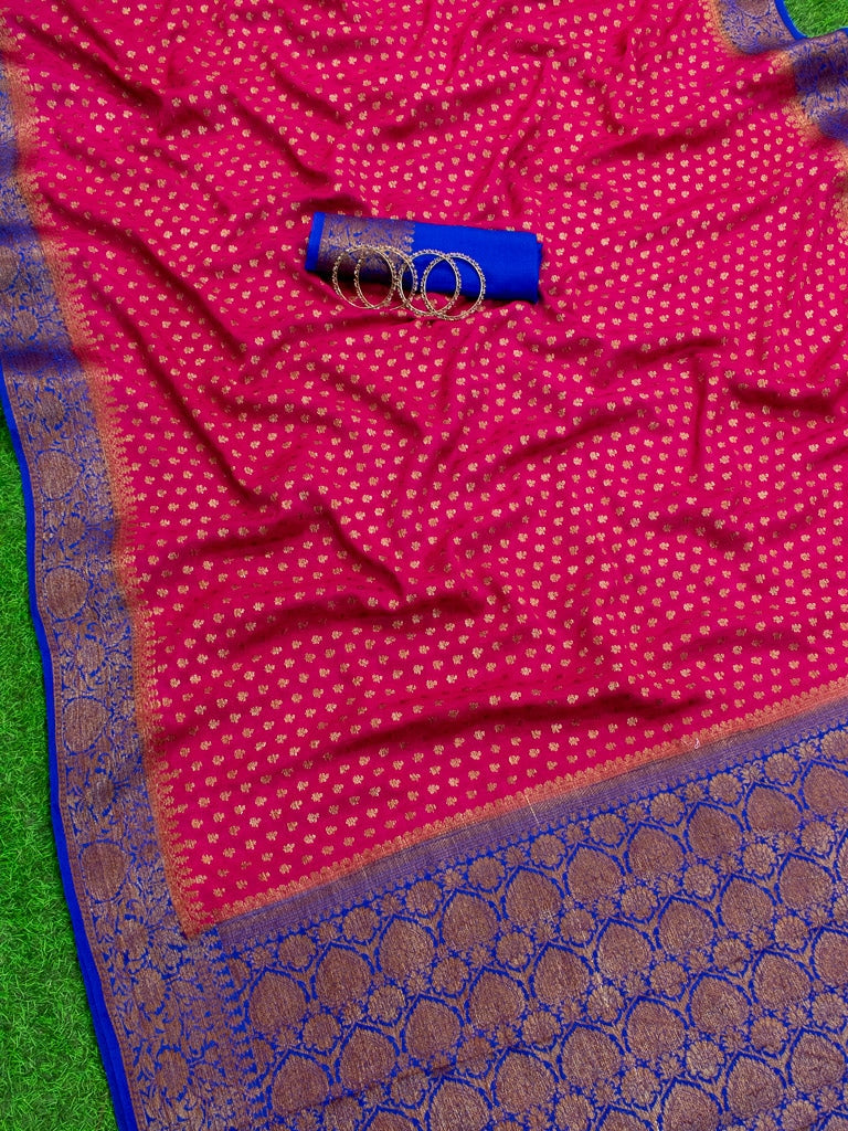 Banarasi Pure Georgette Saree With Antique Zari Buti Weaving & Contrast Border-Pink & Blue