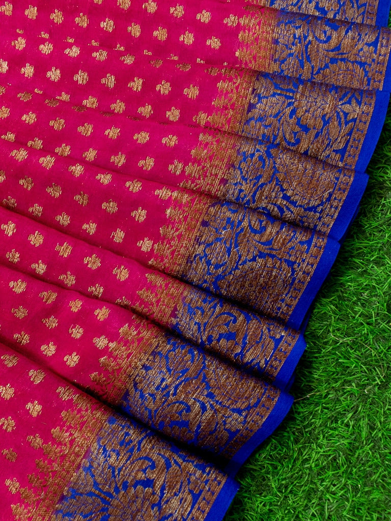 Banarasi Pure Georgette Saree With Antique Zari Buti Weaving & Contrast Border-Pink & Blue