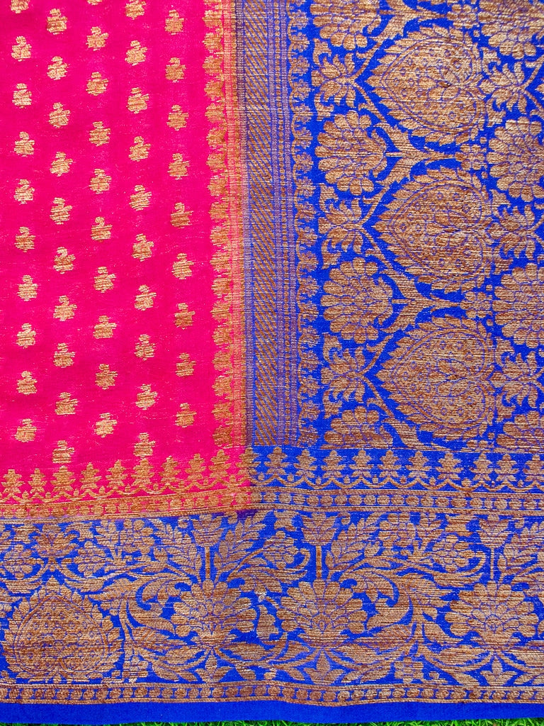 Banarasi Pure Georgette Saree With Antique Zari Buti Weaving & Contrast Border-Pink & Blue