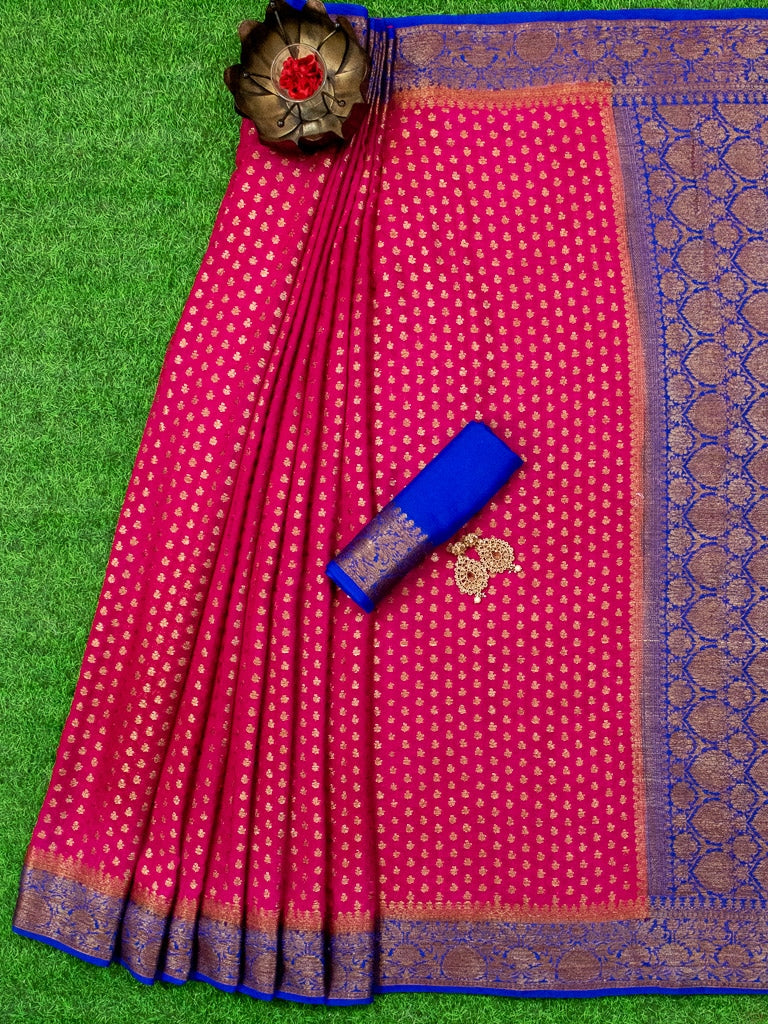 Banarasi Pure Georgette Saree With Antique Zari Buti Weaving & Contrast Border-Pink & Blue