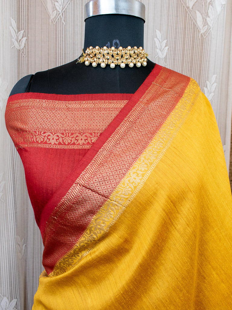 Banarasi Handwoven Pure Muga Silk Saree With Antique Resham Border-Yellow & Red