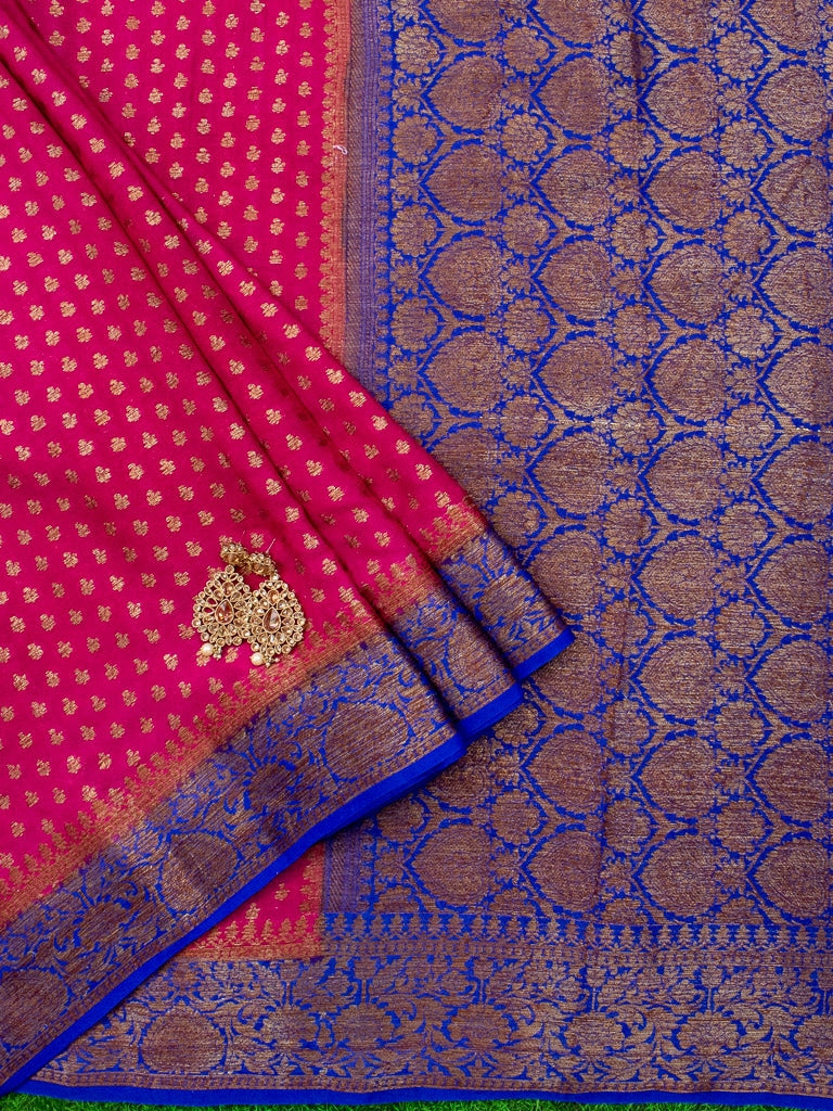 Banarasi Pure Georgette Saree With Antique Zari Buti Weaving & Contrast Border-Pink & Blue