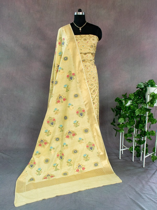 Banarasi Meenakari Semi Silk Salwar Kameez Fabric With Dupatta-Beige