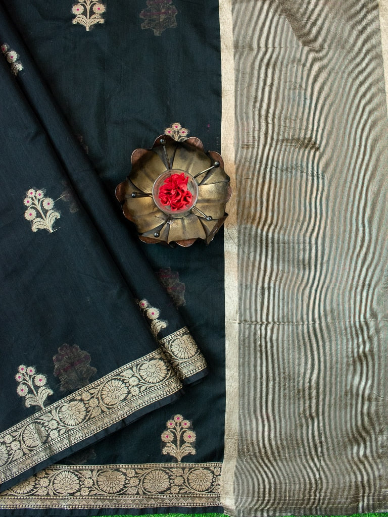 Banarasi Cotton Silk Saree With Zari & Meena Weaving Border-Black