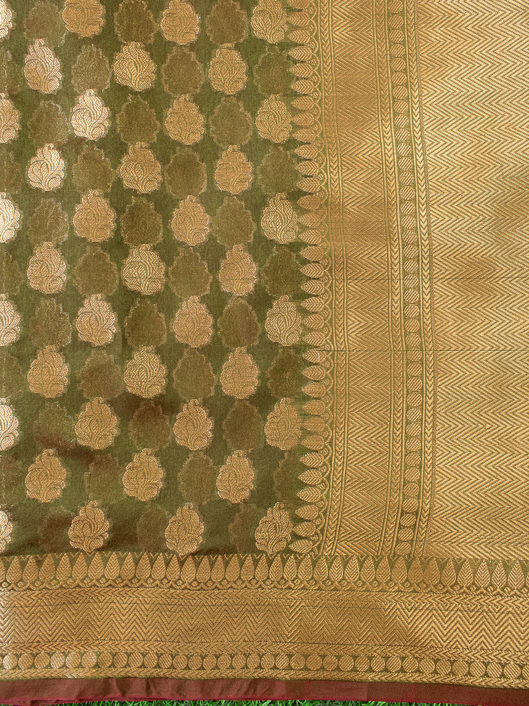 Banarasi Semi Silk Saree With Zari Buti Weaving -Mehndi Green