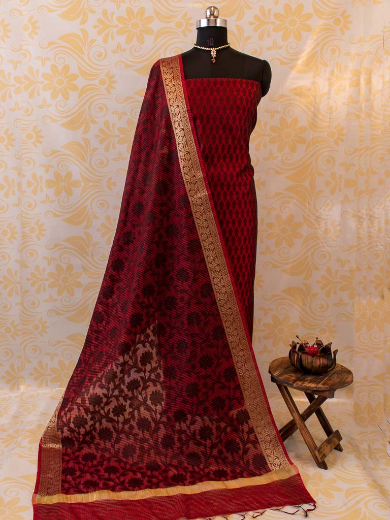 Banarasi Cotton Silk Resham Weaving Salwar Kameez Material  With Dupatta-Red