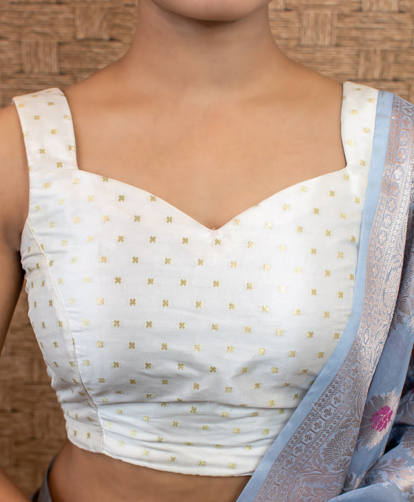 Banarasi Stitched Sleeveless Blouse-White