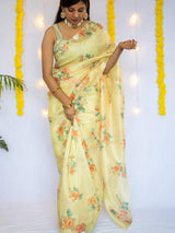 Embroidered Floral Organza Mix Saree-Yellow