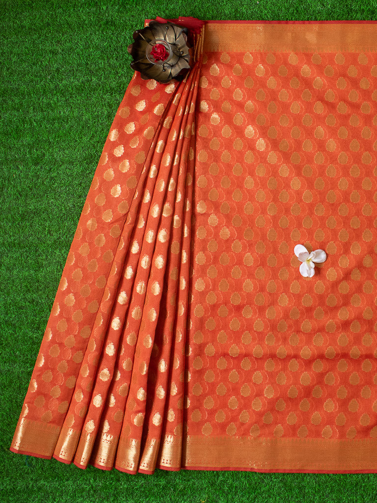 Banarasi Semi Silk Saree With Zari Buti Weaving -Rust