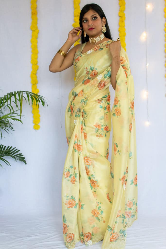 Embroidered Floral Organza Mix Saree-Yellow