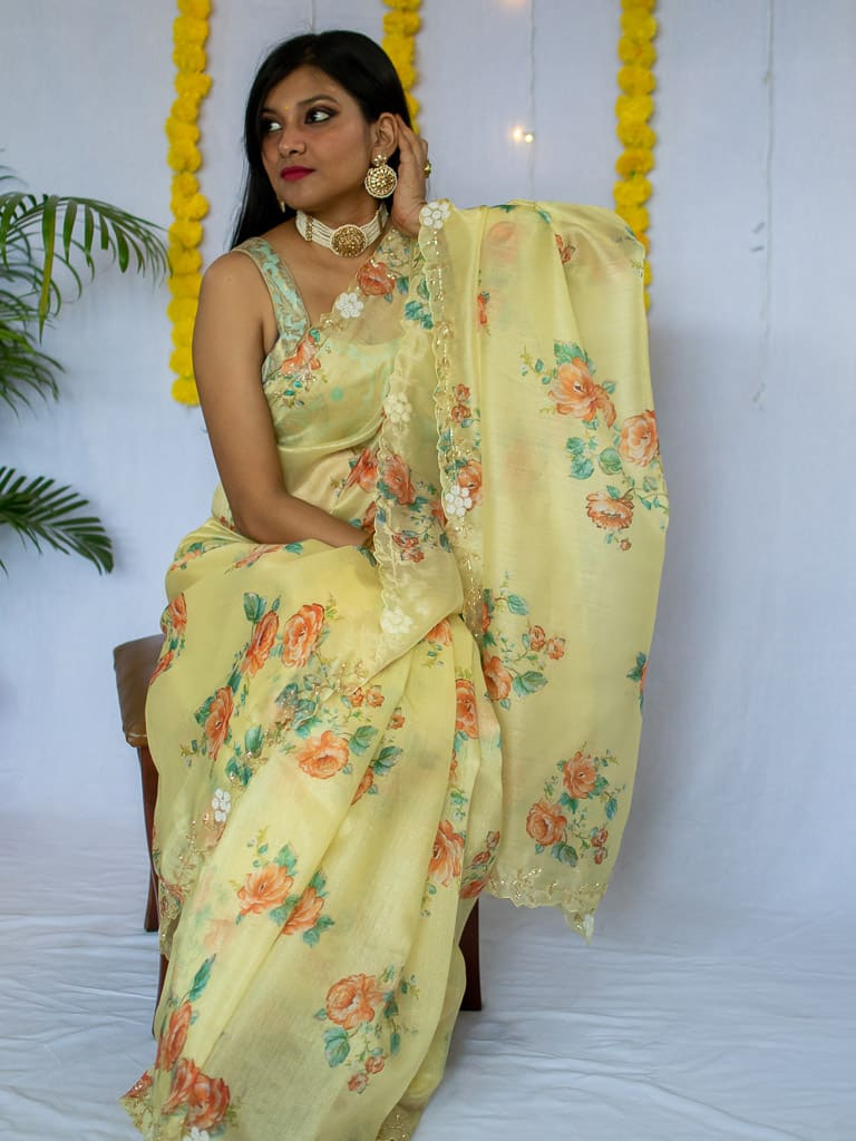 Embroidered Floral Organza Mix Saree-Yellow