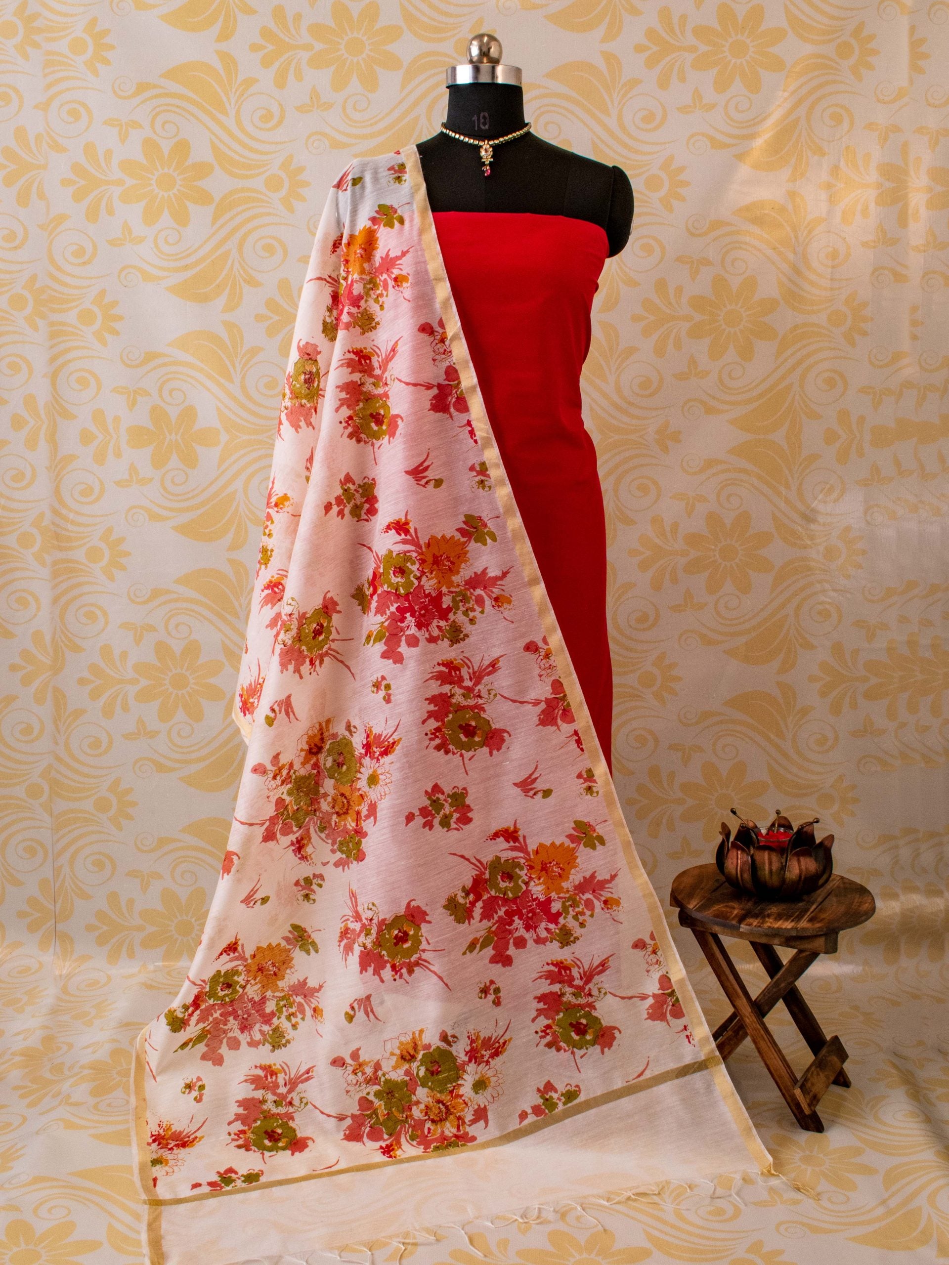 Banarasi Plain Cotton Salwar Kameez Fabric With Floral Printed Dupatta-Red