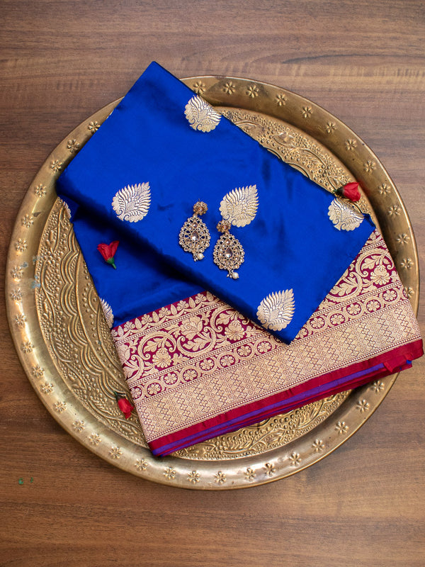 Banarasi Pure Katan Silk Saree With Contrast Border & Blouse-Royal Blue
