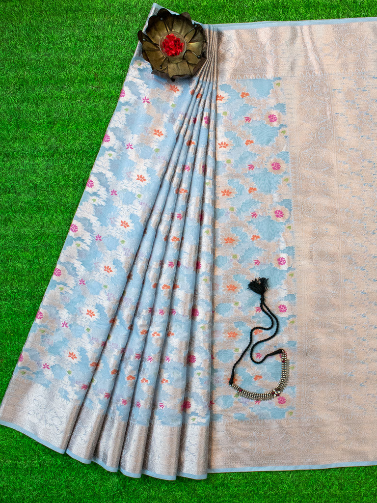 Banarasi Semi Silk Saree With Jaal Zari & Meena Weaving-Powder Blue