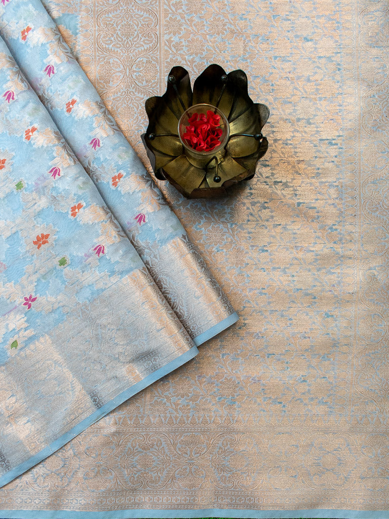 Banarasi Semi Silk Saree With Jaal Zari & Meena Weaving-Powder Blue