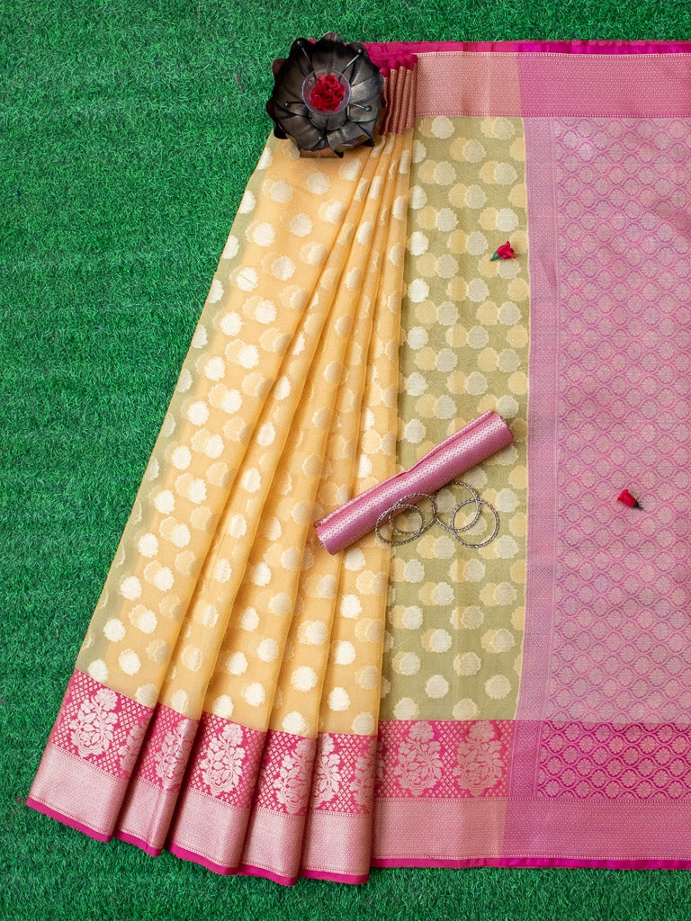 Banarasi Organza Mix Saree With Contrast Border-Yellow