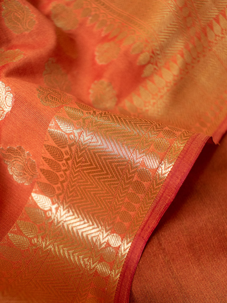 Banarasi Semi Silk Saree With Zari Buti Weaving -Rust