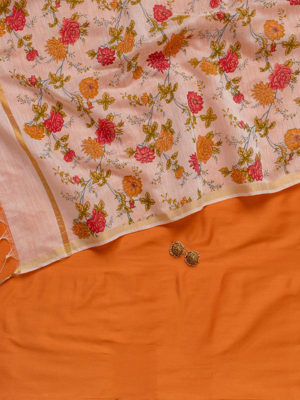 Banarasi Plain Cotton Salwar Kameez With Floral Printed Dupatta-Orange