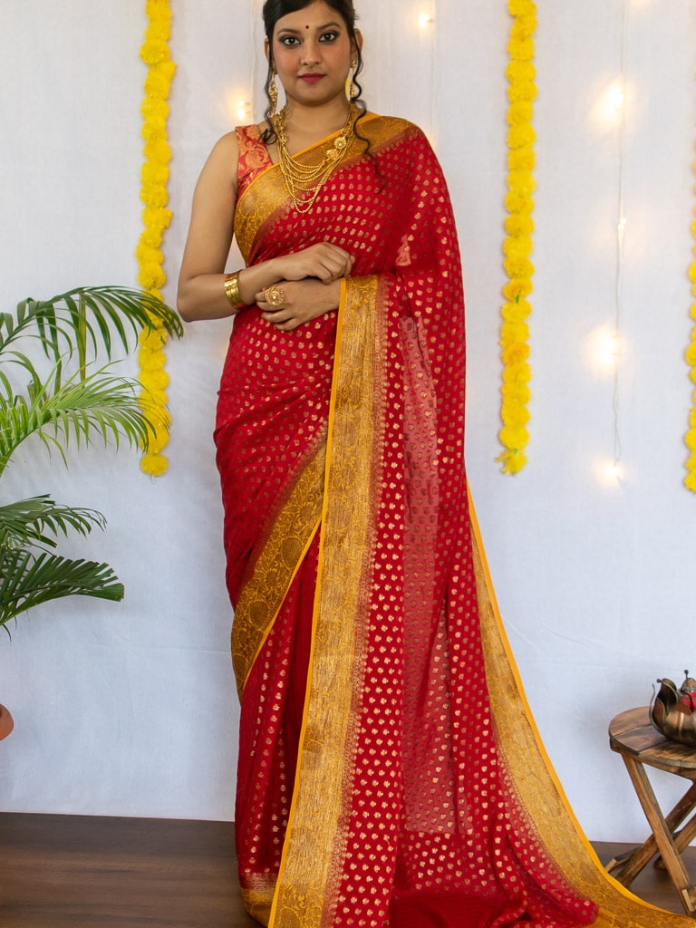 Banarasi Pure Georgette Saree With Antique Zari Buti Weaving & Contrast Border-Red & Yellow