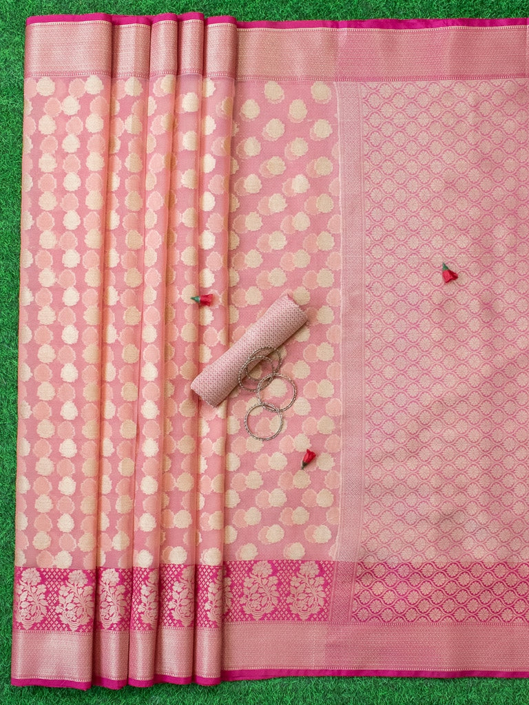 Banarasi Organza Mix Saree With Contrast Border-Peach