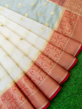 Banarasi Cotton Silk Saree With Zari Polka Dots Weaving & Contrast Border-White & red