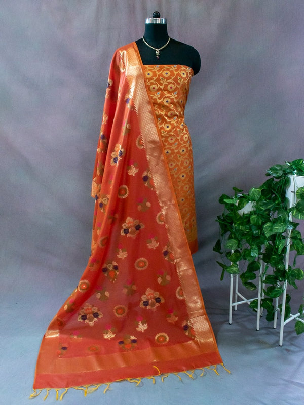 Banarasi Meenakari Semi Silk Salwar Kameez Fabric With Dupatta-Orange