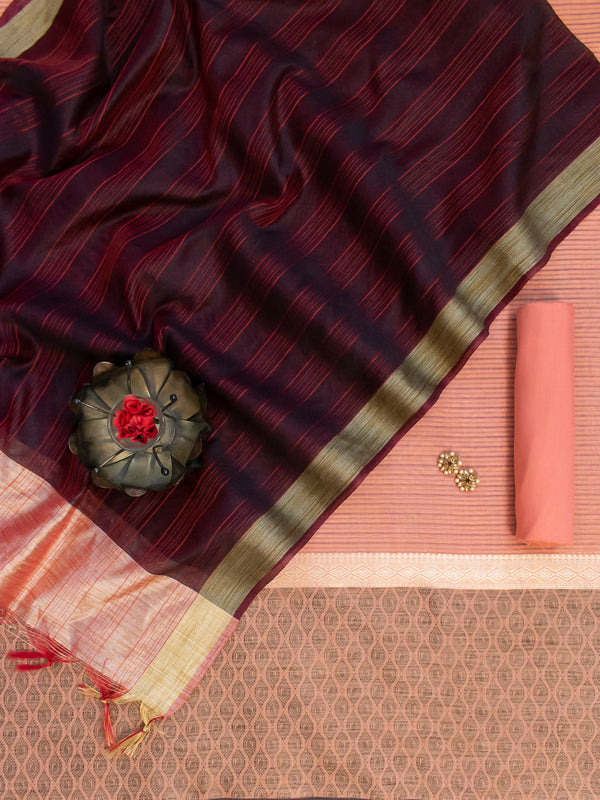 Banarasi Cotton Silk Resham Weaving Salwar Kameez Material  With Contrast Dupatta-Peach