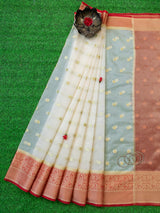 Banarasi Cotton Silk Saree With Zari Polka Dots Weaving & Contrast Border-White & red