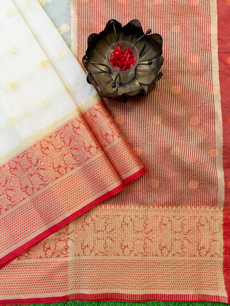 Banarasi Cotton Silk Saree With Zari Polka Dots Weaving & Contrast Border-White & red