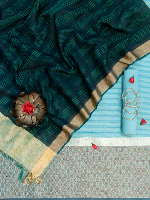 Banarasi Cotton Silk Resham Weaving Salwar Kameez Material  With Contrast Dupatta-Blue