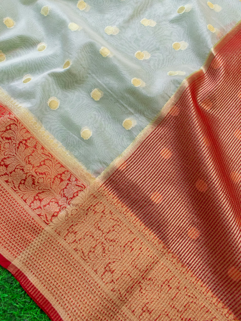 Banarasi Cotton Silk Saree With Zari Polka Dots Weaving & Contrast Border-White & red