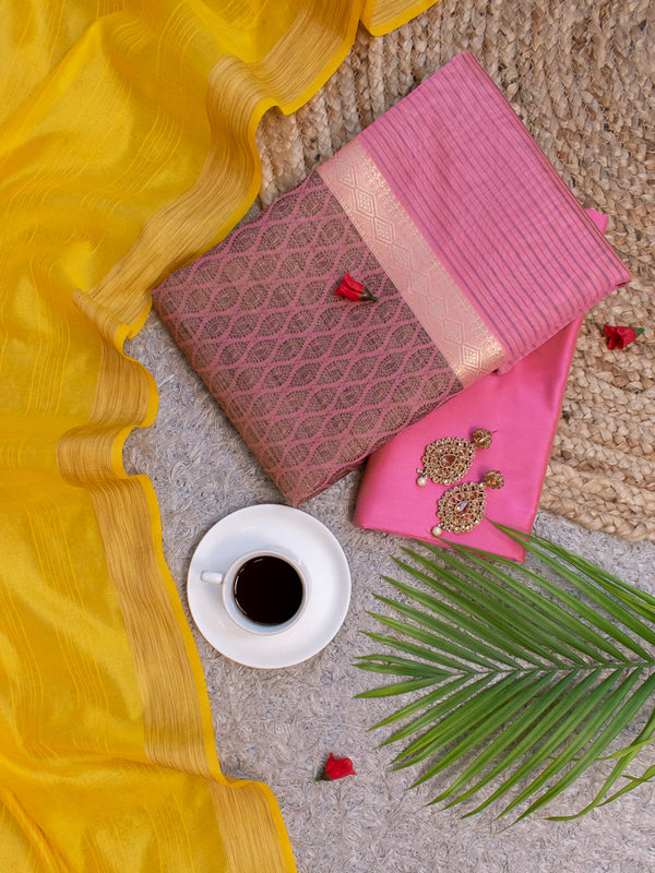 Banarasi Cotton Silk Resham Weaving Salwar Kameez Material  With Contrast Dupatta-Pink