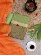 Banarasi Cotton Silk Resham Weaving Salwar Kameez Material  With Contrast Dupatta-Green