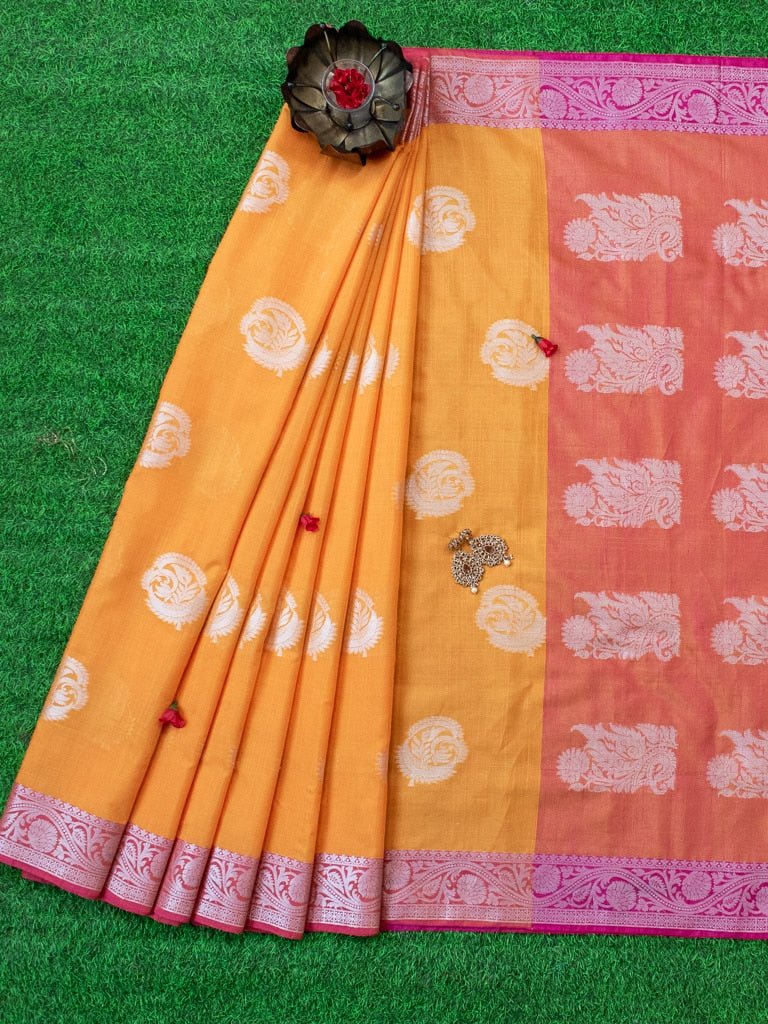 Banarasi Cotton Linen Silver Zari Weaving Saree With Contrast Border -Orange