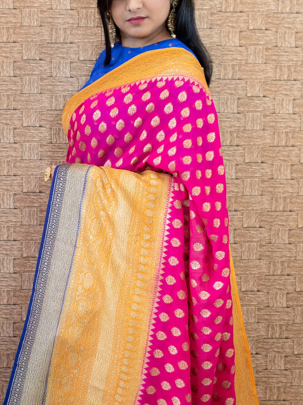 Banarasi Pure Georgette Saree With Antique Zari Buti Weaving & Contrast Border-Pink