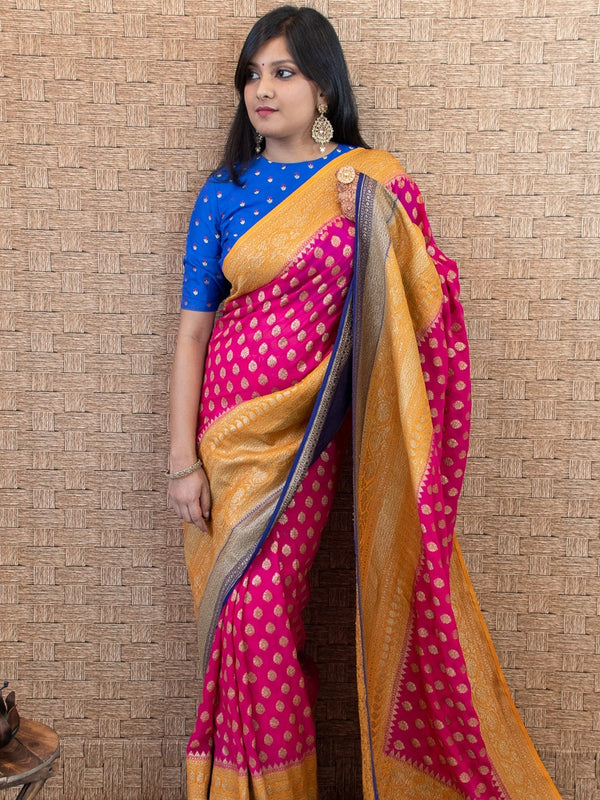 Banarasi Pure Georgette Saree With Antique Zari Buti Weaving & Contrast Border-Pink