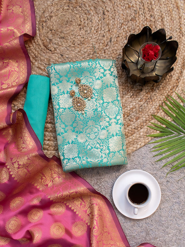 Banarasi Semi Silk Zari Weaving Salwar Kameez Material With Contrast Dupatta-Sea Green