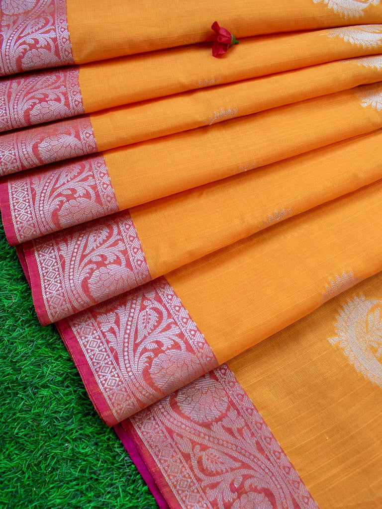 Banarasi Cotton Linen Silver Zari Weaving Saree With Contrast Border -Orange