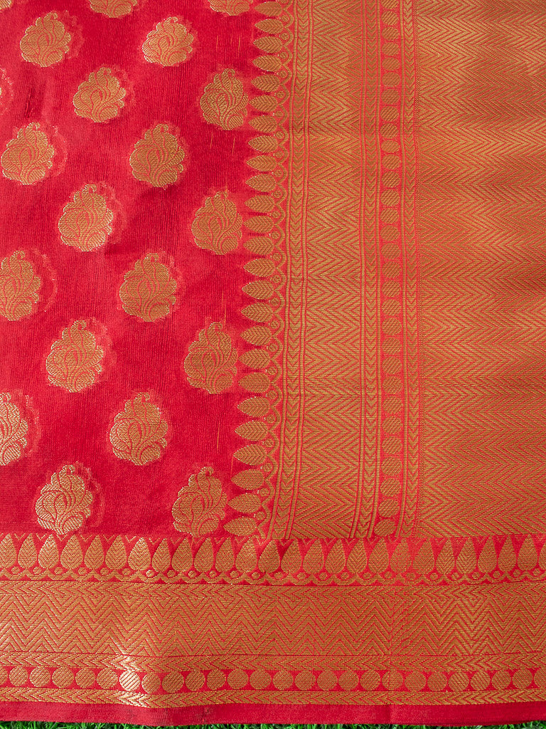 Banarasi Semi Silk Saree With Zari Buti Weaving-Red