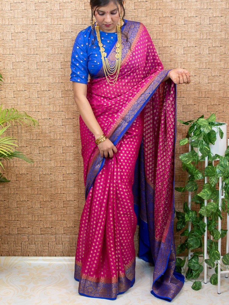 Banarasi Pure Georgette Saree With Antique Zari Buti Weaving & Contrast Border-Pink & Blue