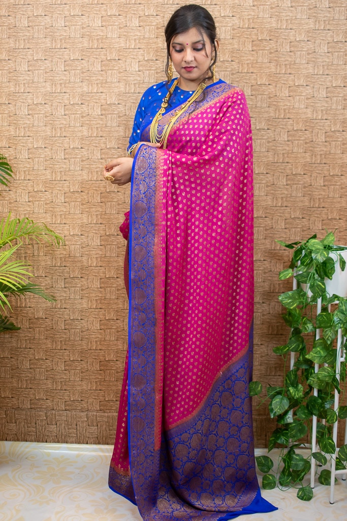 Banarasi Pure Georgette Saree With Antique Zari Buti Weaving & Contrast Border-Pink & Blue