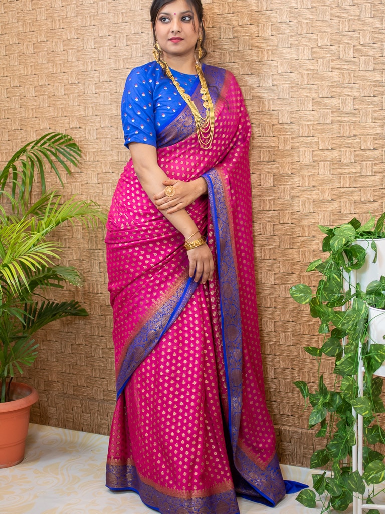 Banarasi Pure Georgette Saree With Antique Zari Buti Weaving & Contrast Border-Pink & Blue