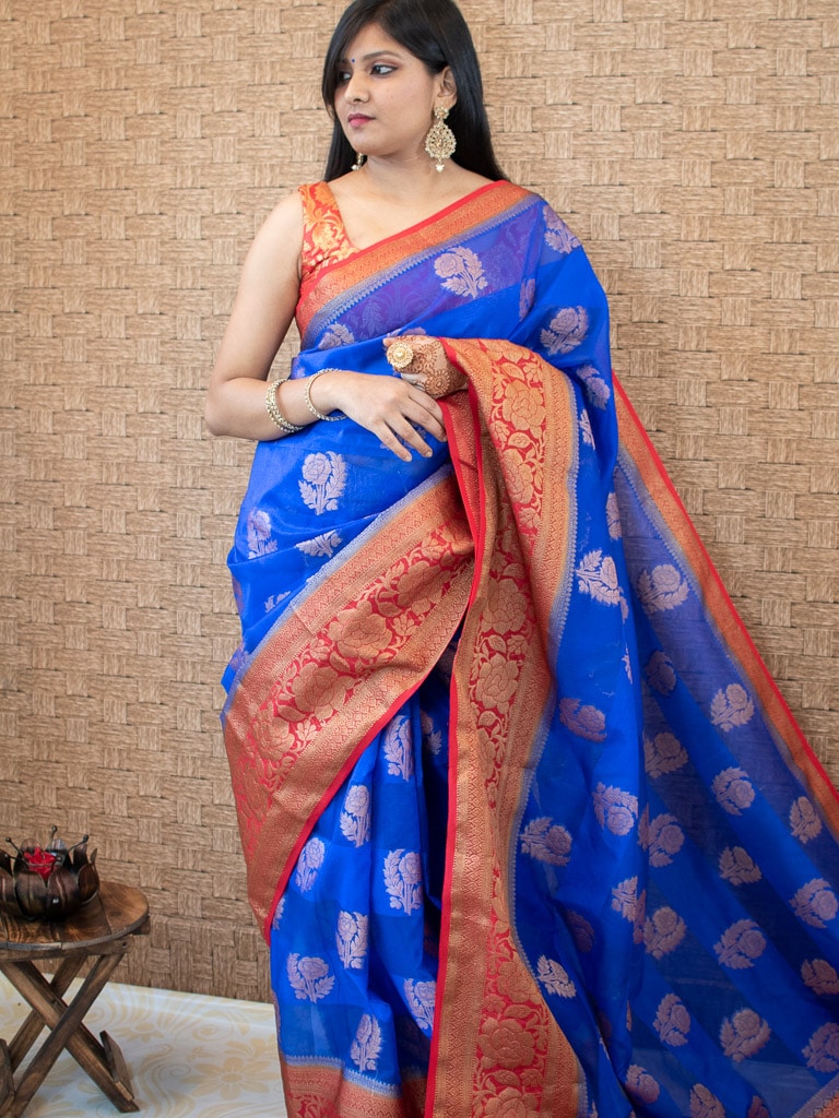 Banarasi Semi Silk Saree With Antique Zari Weaving & Contrast Border-Royal Blue &  Red