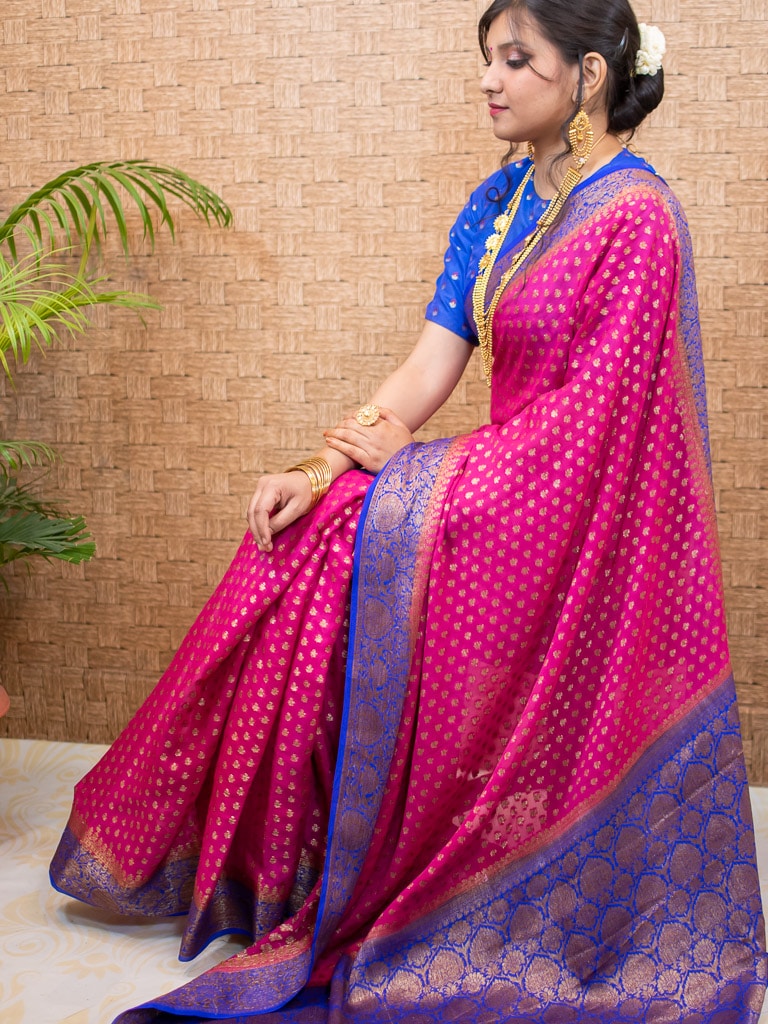 Banarasi Pure Georgette Saree With Antique Zari Buti Weaving & Contrast Border-Pink & Blue