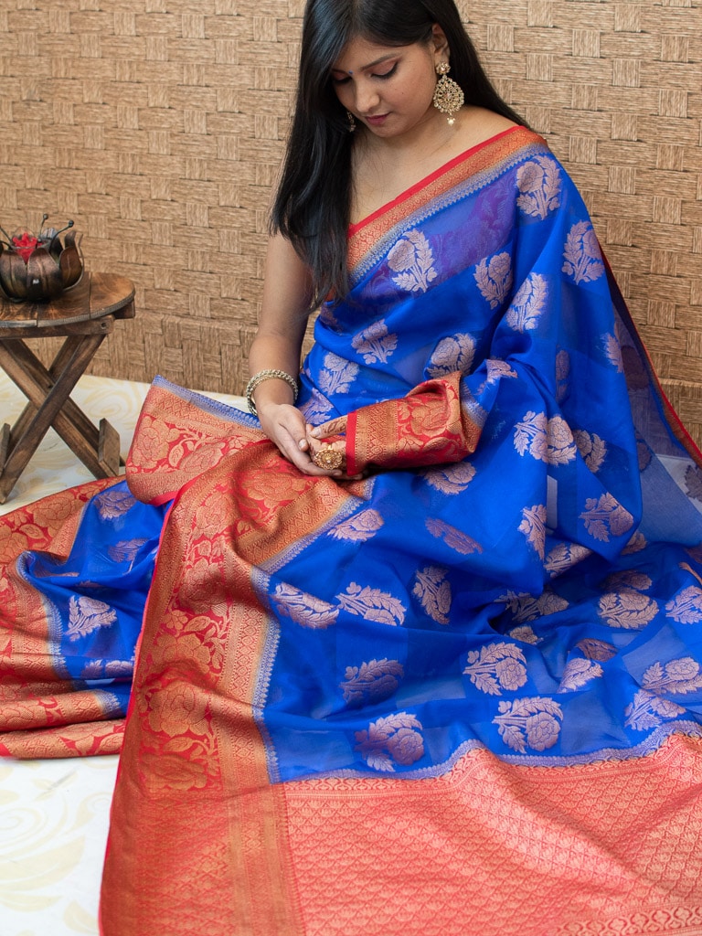 Banarasi Semi Silk Saree With Antique Zari Weaving & Contrast Border-Royal Blue &  Red