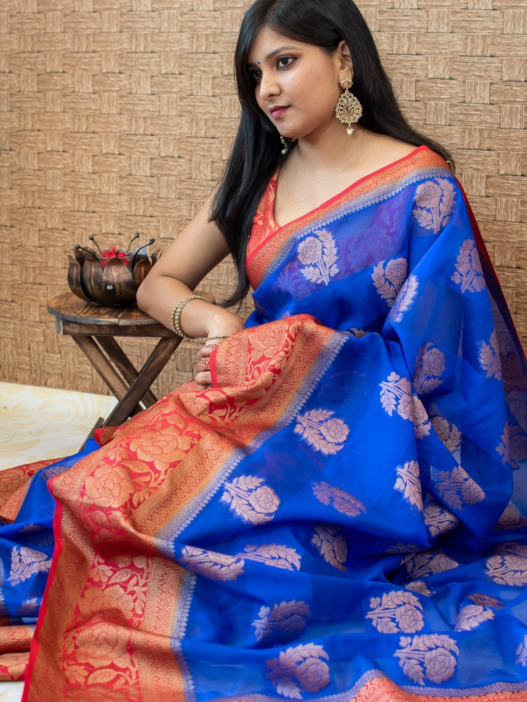 Banarasi Semi Silk Saree With Antique Zari Weaving & Contrast Border-Royal Blue &  Red