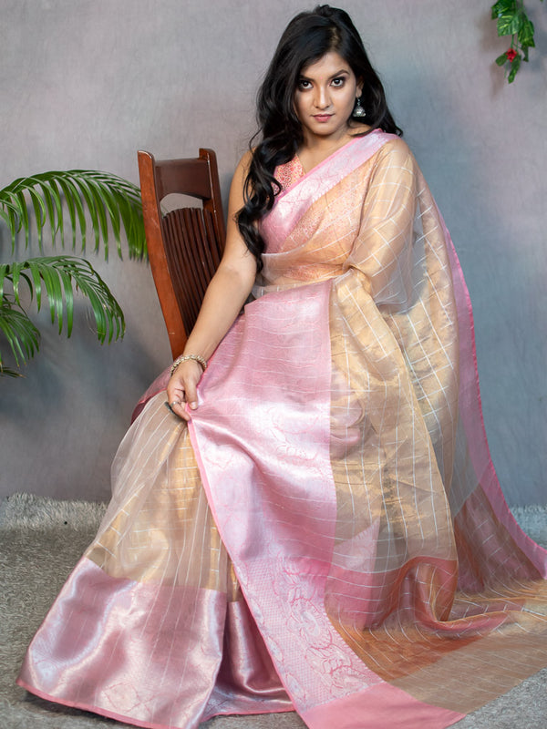 Banarasi Organza Saree With Zari Weaving & Contrast Skirt Border-Pink