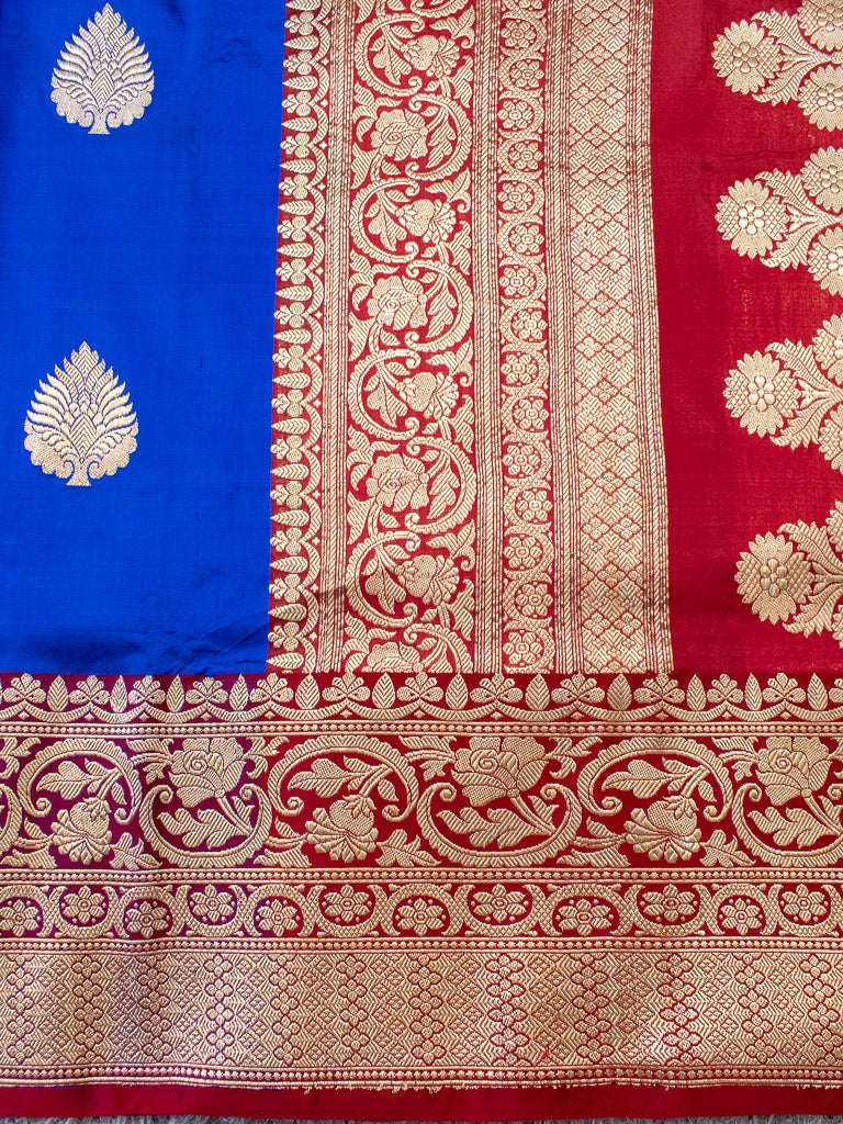 Banarasi Pure Katan Silk Saree With Contrast Border & Blouse-Royal Blue