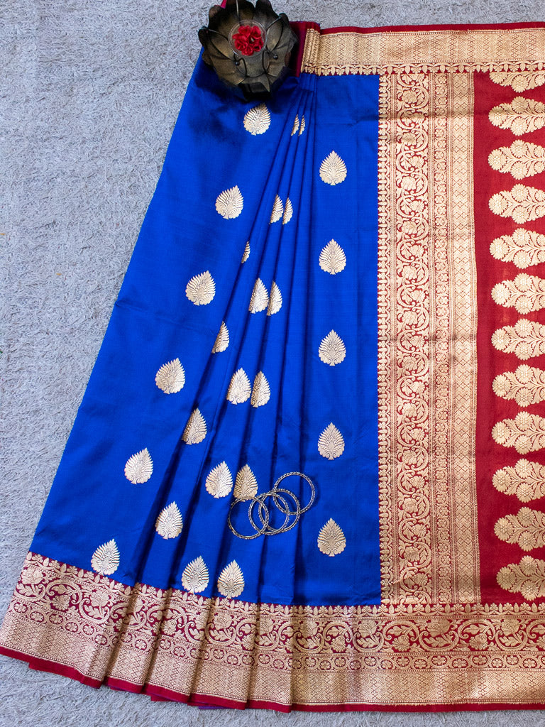 Banarasi Pure Katan Silk Saree With Contrast Border & Blouse-Royal Blue